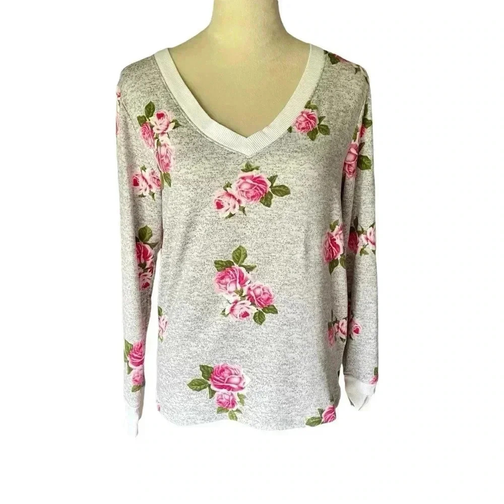 Betsey Johnson Floral Pink Gray Neutral Long Sleeve Sweater Women Size M